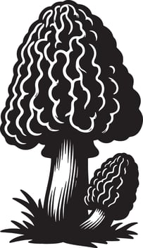 Black and white illustration of two morel mushrooms with textured caps and short grass vector