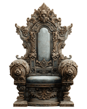 An elaborately carved wooden throne with intricate baroque style and ornamentation reminiscent of a fantastical fairy tale setting png