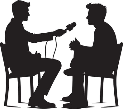 Silhouette of man holding microphone interviewing another man sitting on a chair vector