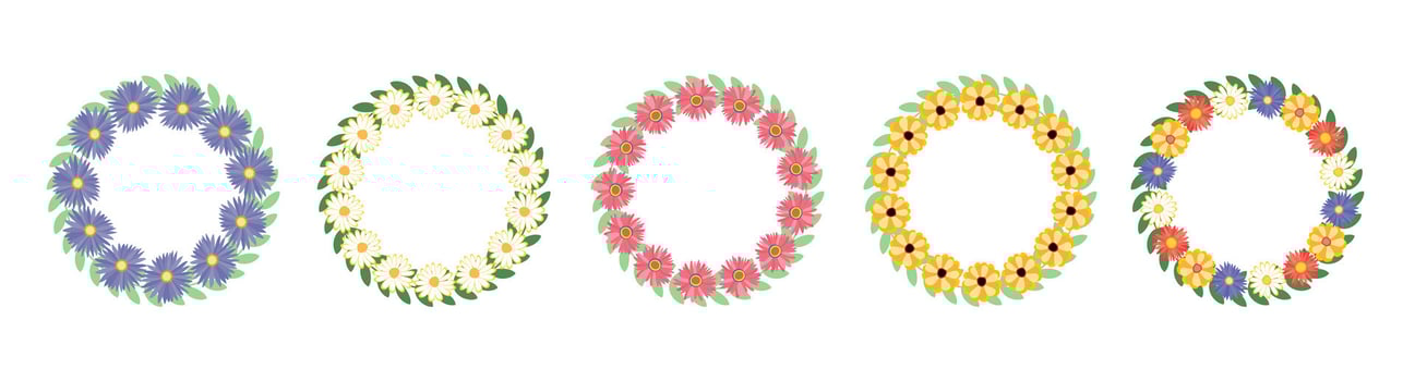 Set of flower frames. Wreath with flowers. Floral frame, hand drawn simple cute botanical round frame. Four different colored flowers in a circle vector