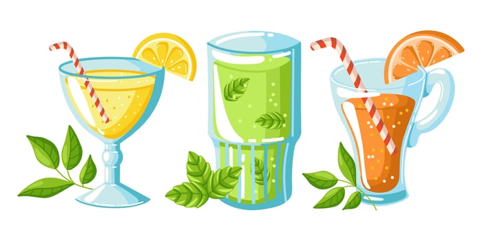 Flat cartoon style illustration of three refreshing summer drinks, lemonade, orange cocktail, and mint beverage in glasses with straws, decorated with green leaves. Isolated on white background. vector