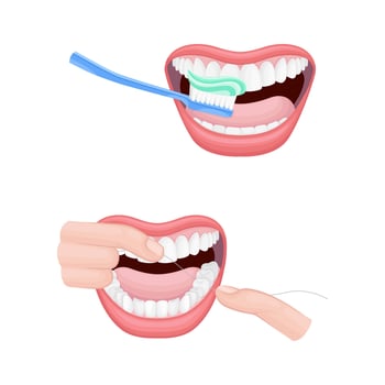 Open Mouth with Toothbrush and Dental Floss Scrubbing and Cleaning Teeth Set vector