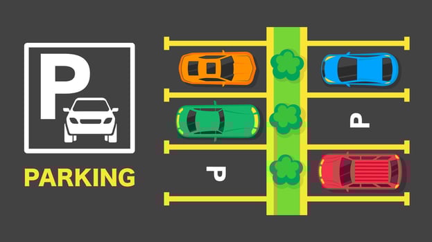 Parking Sign Banner with Top Cars. Parking zone air view scene vector
