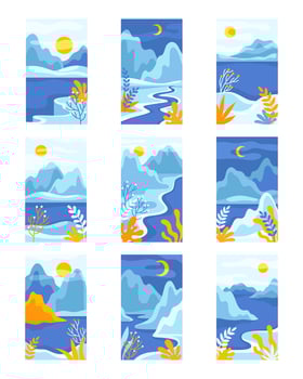 Blue Day and Night Abstract Landscape with Mountains and Sun with Crescent in the Sky Set vector