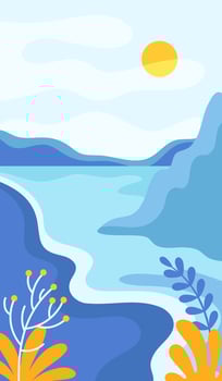 Blue Day Abstract Landscape with Mountains and Sun in the Sky Illustration vector