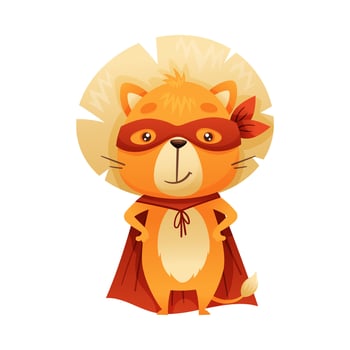Lion Animal Superhero Dressed in Mask and Red Cape or Cloak Standing Illustration vector