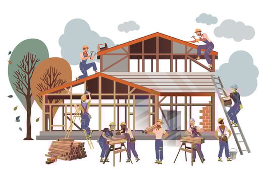 People Builder Character Building House Engaged in Construction Roofing Works Illustration vector
