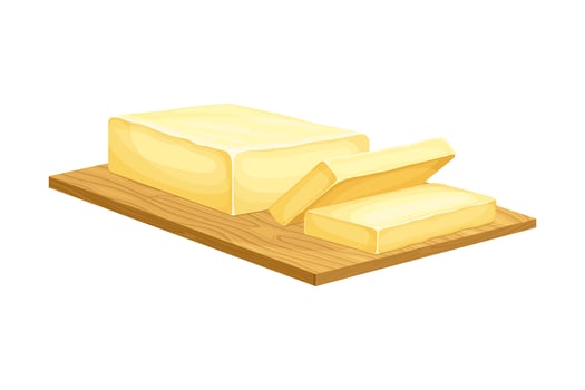 Butter pieces on wooden cutting board. Natural dairy product illustration vector