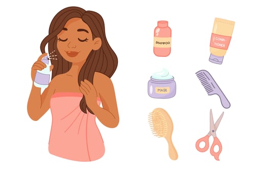 Woman using haircare products with various cosmetic tools vector