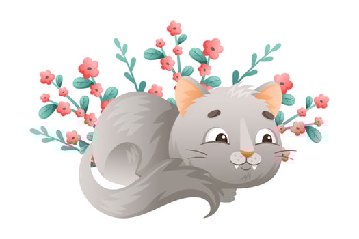 Cute Grey Cat Sitting in Flowers Looking Curious Illustration vector