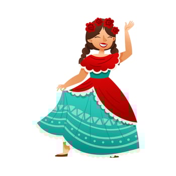 Happy girl with flowers in her head wearing traditional Mexican dress dancing cartoon illustration vector