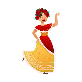 Beautiful happy girl wearing traditional Mexican dress cartoon illustration vector