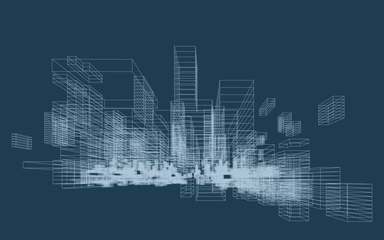 Abstract 3D dynamic wireframe. Geometric perspective background vector