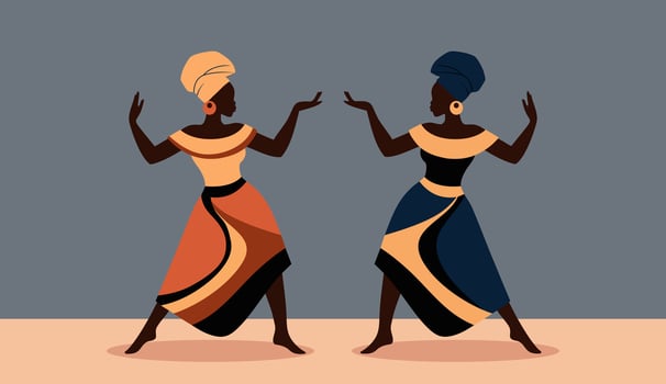 A minimalist flat illustration representing african culture. African women dancing in traditional clothing, inspired by folk art. vector