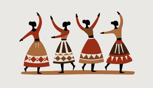 African women dancing in traditional clothing, inspired by folk art. A minimalist flat illustration representing culture vector