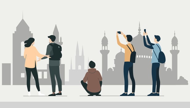 Panorama of a beautiful city. Illustration of tourists on a tour. City scene with people in a flat style. vector