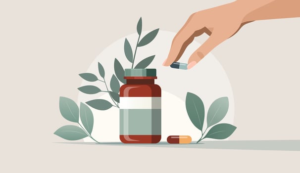 The scene with the hand reaching for the vitamins. Pills. Flat wellness illustration vector