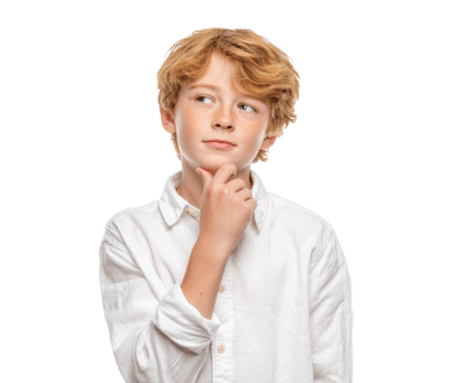 Thoughtful boy pondering ideas with a curious expression png