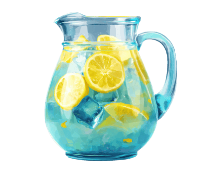 Refreshing lemonade pitcher with ice and lemon slices png
