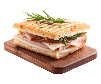 Delicious sandwich with ham and cheese on wooden board png