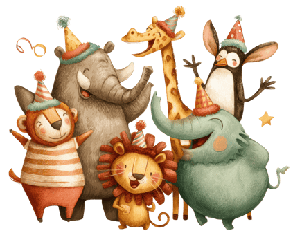 Colorful animal celebration with party hats and festive joy png