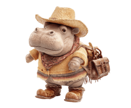 Happy hippo in cowboy attire ready for adventure png