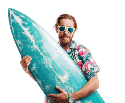Summer surf adventure with colorful surfboard and sunglasses png