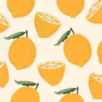 Lemon fruit pattern. Hand drawn illustration. Exotic cartoon juicy food. Yellow citrus with leaves for prints, textile, wrapping paper vector