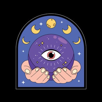 A purple eye with hands holding it in the center of the moon vector