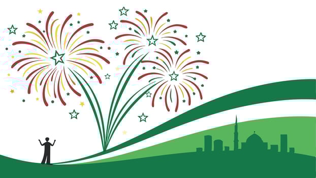 Celebration fireworks graphic with city skyline and silhouette for holiday design and background use vector