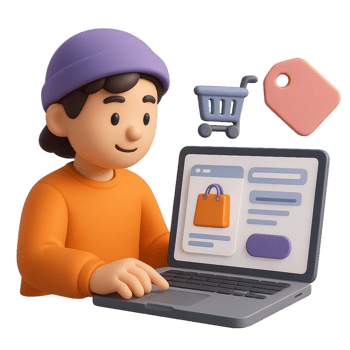 Online Shopping Concept with 3D Character Interacting with Laptop png