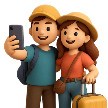 Colorful 3D Cartoon Characters Taking a Selfie on a Travel Adventure png