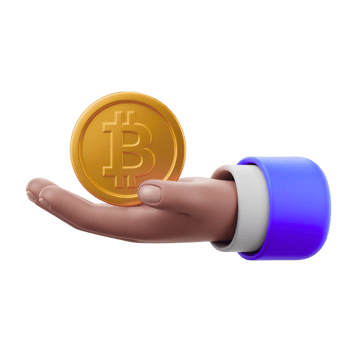 Stylized hand holding golden Bitcoin coin on transparent background 3D Render png