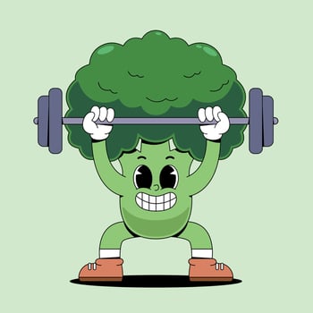 A cartoon broccoli lifting a barbell vector