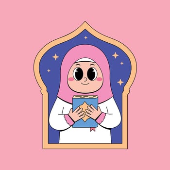 A cartoon muslim girl holding a book vector