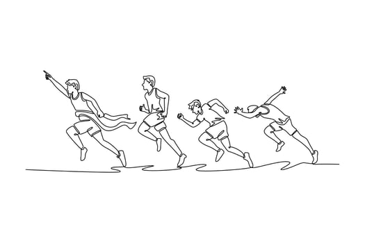 Single continuous line drawing young male sprinter stepping over the finishing line while competitors are behind him on stadium at an athletics event. One line draw graphic design illustration vector