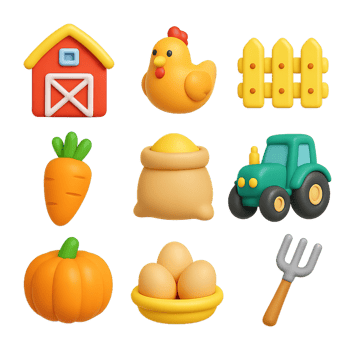 Colorful 3D Farm Icons for Playful Illustrations and Designs png