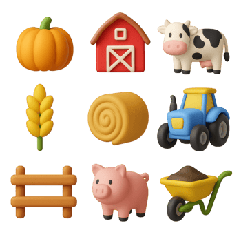 Colorful 3D Farm Icons with Pumpkin, Barn, Cow, and Tractor png