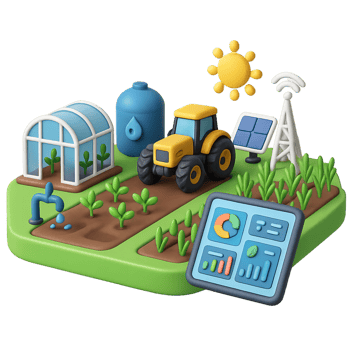 3D Smart Farm Design with Tractor, Solar Panel, and Greenhouse Elements png