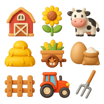 Colorful 3D Farm Icons Featuring Barn, Cow, and Sunflower Elements png