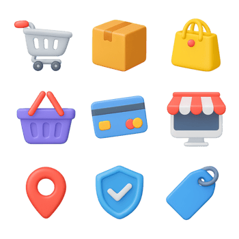 Colorful 3D Icons for Online Shopping and E-commerce Applications png