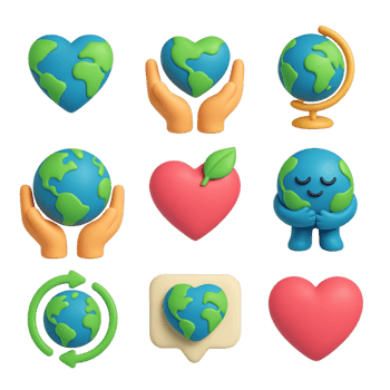 Colorful 3D Icons Set Featuring Earth and Heart Designs for Use png
