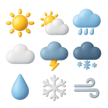 3D Weather Icons Set Featuring Sun, Rain, Clouds, and Snow Flakes png