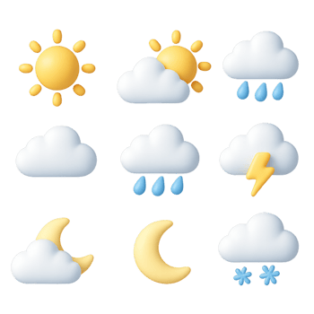Colorful 3D Weather Icons Featuring Sun, Clouds, Rain, and Snow png