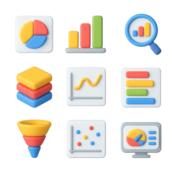 Simple 3D Data Icon Set with Graphs and Charts for Visual Projects png