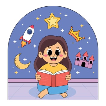 A girl reading a book in front of a starry night background vector