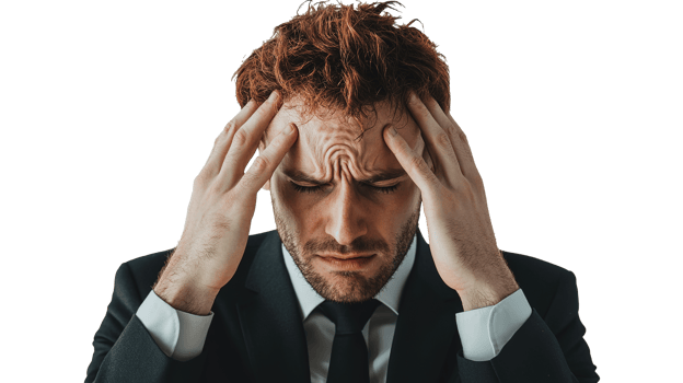 Frustrated Businessman Holding Head with Two Hands, Appearing Dizzy and Exhausted Isolated at Transparent Background png