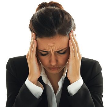 Sad Stressed Businesswoman Holding Head with Two Hands, looking Dizzy and Tired Isolated on the Transparent Background png