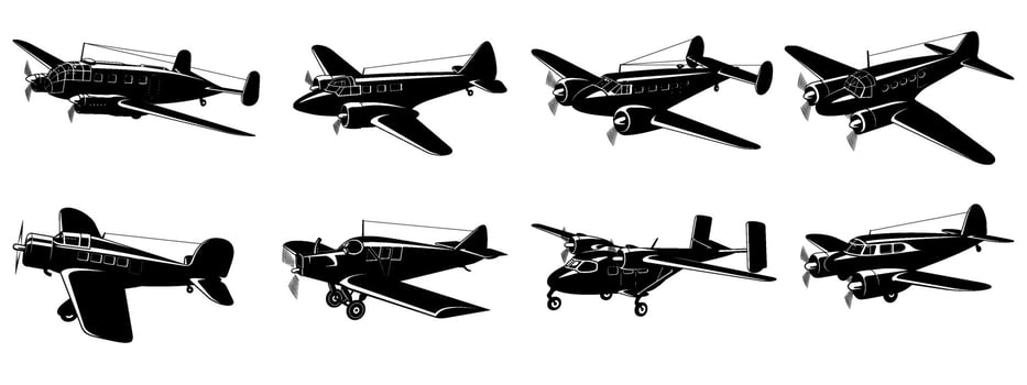 Vintage Light Passenger and Cargo Planes. Retro Civil Aircraft Silhouettes. Cliparts isolated on white. vector