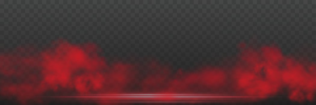 Realistic red smoke or haze, overlay effect on a dark background. Hot fire and flame, magic fog, vapor on floor vector